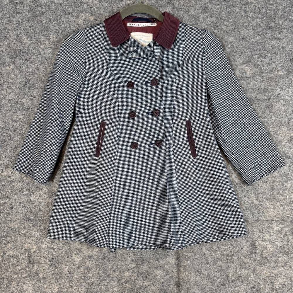 Kids Vintage Holt Renfrew Houndstooth Burgundy Collar Academia Coat 6 - Picture 2 of 16